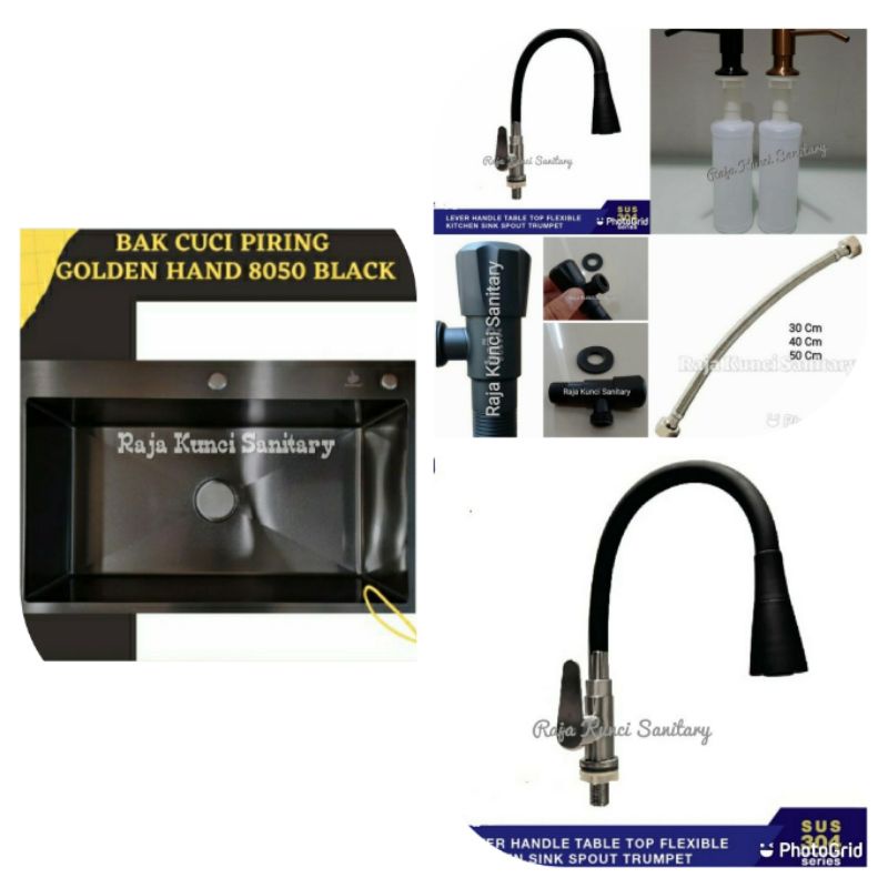 Paket Lengkap Kitchen Sink 8050 Hitam/Black Onan Golden Hand/Bak Cuci Piring 8050 Stainless Black