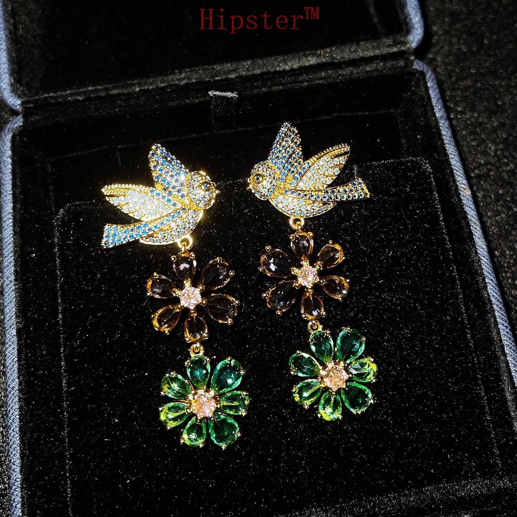 Luxury Vintage Flower Micro-Inlaid Full Diamond Bird Earrings