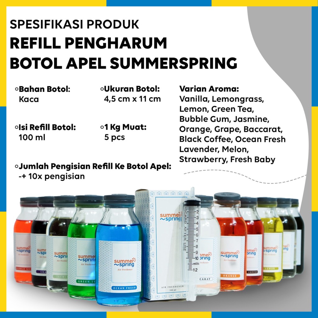 Summer Spring - Refill Botol Apel - Pengharum Pewangi Parfum Ruangan Mobil Toilet Ruang Tamu Dapur Lemari Pakaian Kamar Mandi Tidur Closet Wc - 100ml