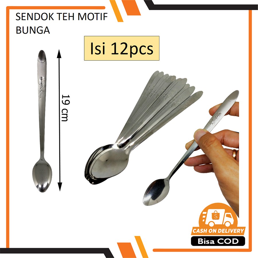 12pcs Sendok Teh Panjang Motif Bunga Stainless Steel / Sendok Pengaduk Teh Kopi