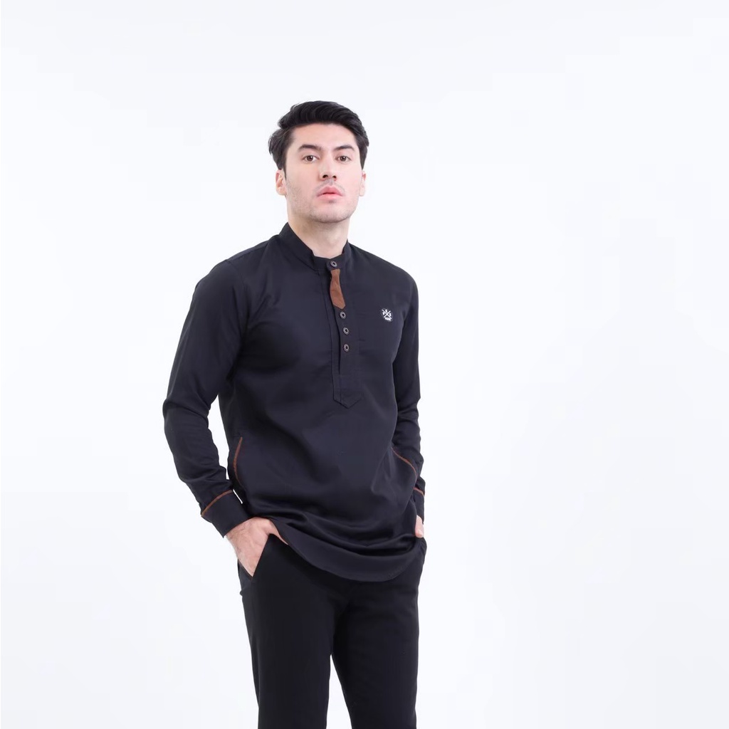 PROGRESS MAN baju koko pria lengan panjang koko kurta pangsi kemeja koko pria lengan panjang koko kurta pangsi baju kurta pangsi dewasa logo bordir Hitam P4N9S104