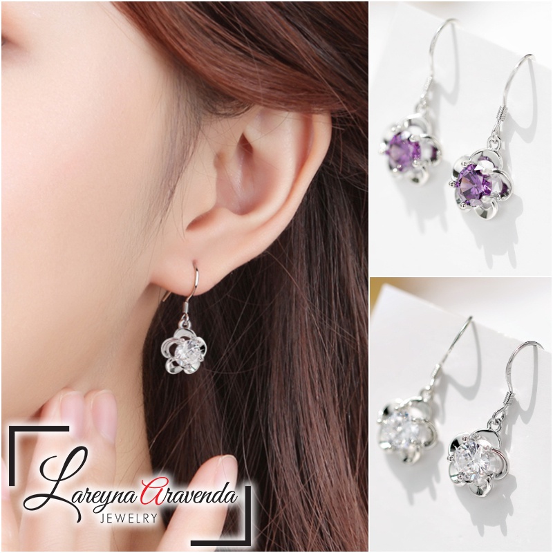 lingerie Lareyna Aravenda Anting Korea Wanita Silver S925 Model Bunga Kristal Hoop Gantung AT031(Z8L