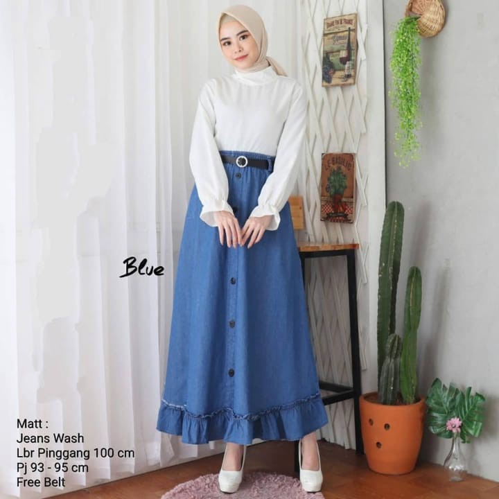 Orimoza Xandra Rok Jeans Panjang Kancing Depan Button Denim Skirt Snow-OVILIA JEANS BLUE