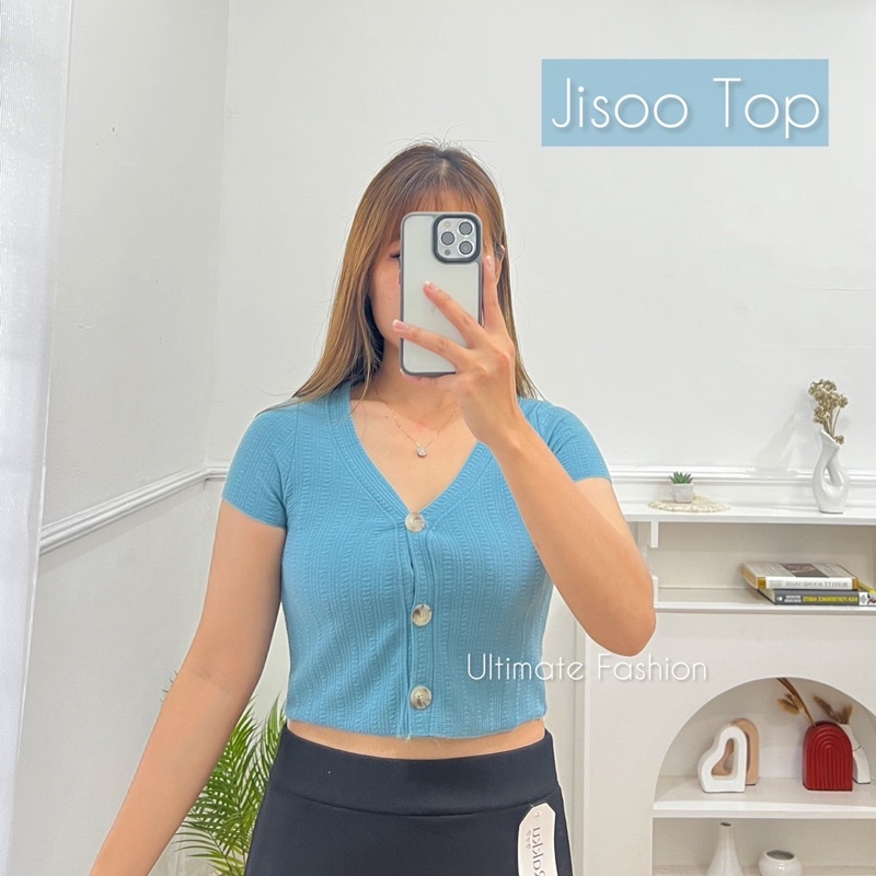 Jisoo Atasan Top  Kemeja Crop Rib Import Wanita Premium Korean Korea Style Kekinian