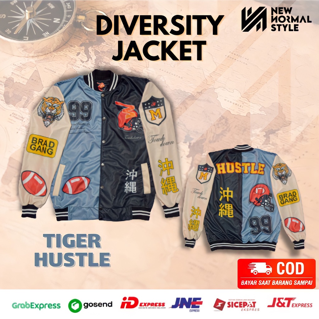 TIGER HUSTLE SERIES Jaket Baseball Varsity Bomber Vintage Jacket Casual Pria Wanita Cowok Laki Distro Keren Dewasa Terbaru Original