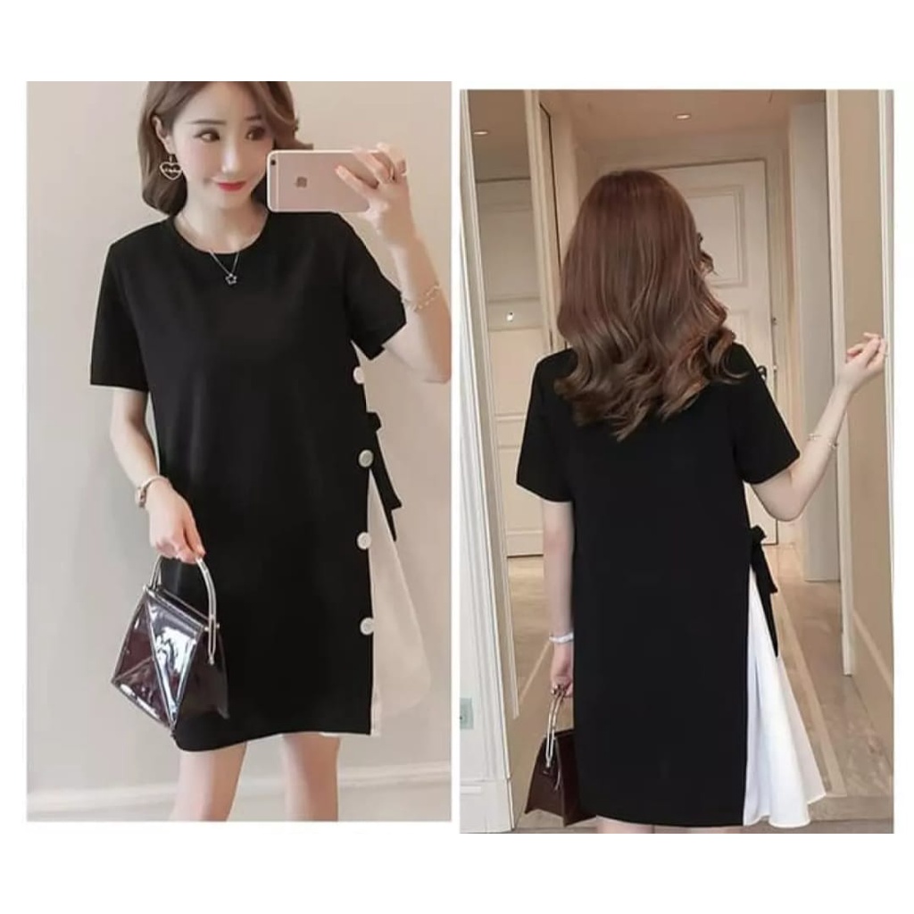 QFS - DRESS BUMIL COMBI BUTTON / HITAM / TERBARU / TRENDY