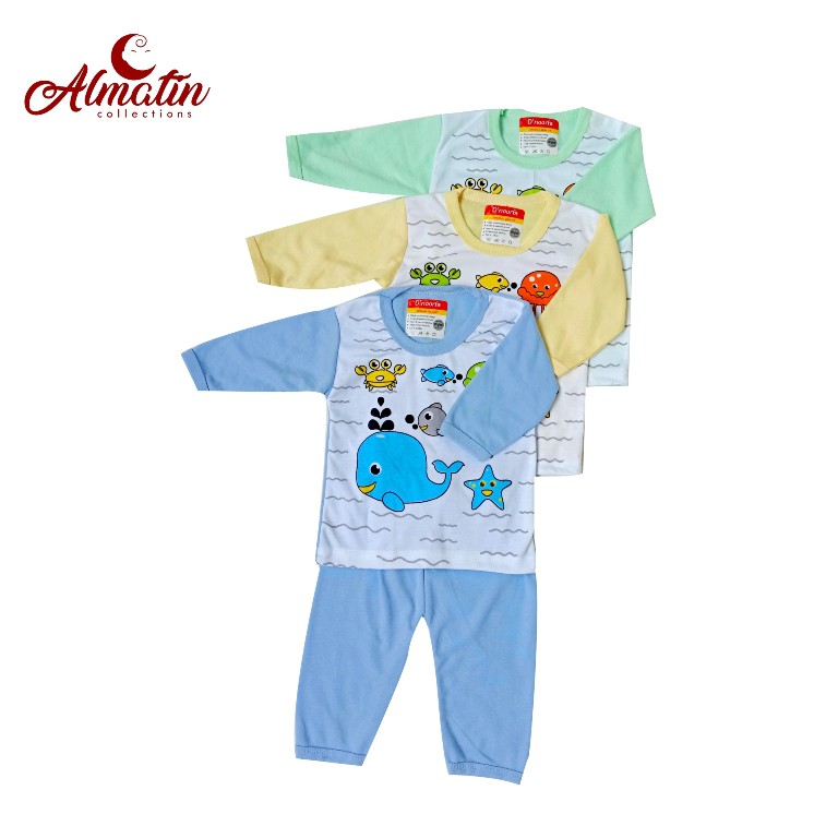 3 Stel Bayi Laki-laki / Perempuan Lengan Panjang Gambar Kartun + Celana / Kaos Baju Bayi Dapat 3 pcs