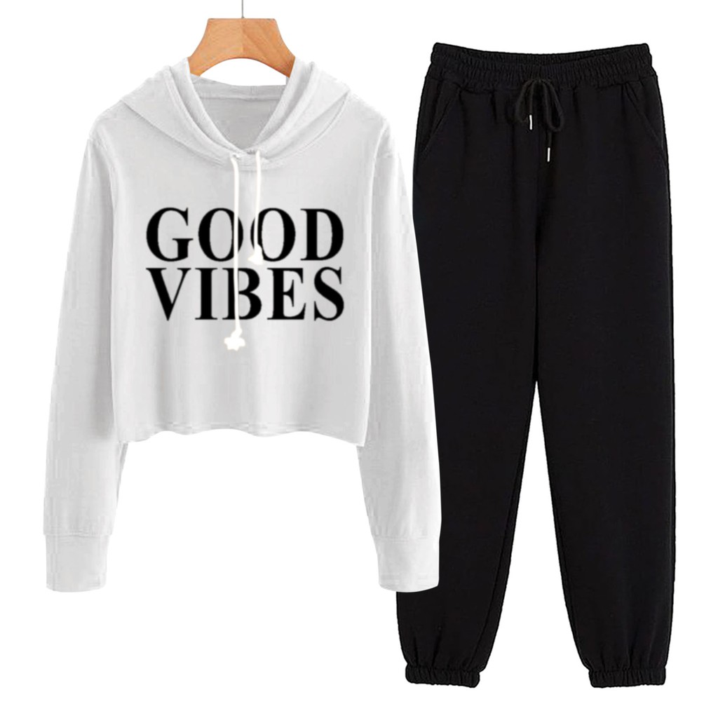 BESS - Baju Setelan Wanita Murah / Setelan Hoodie Crop + Jogger Hitam - GOOD VIBE