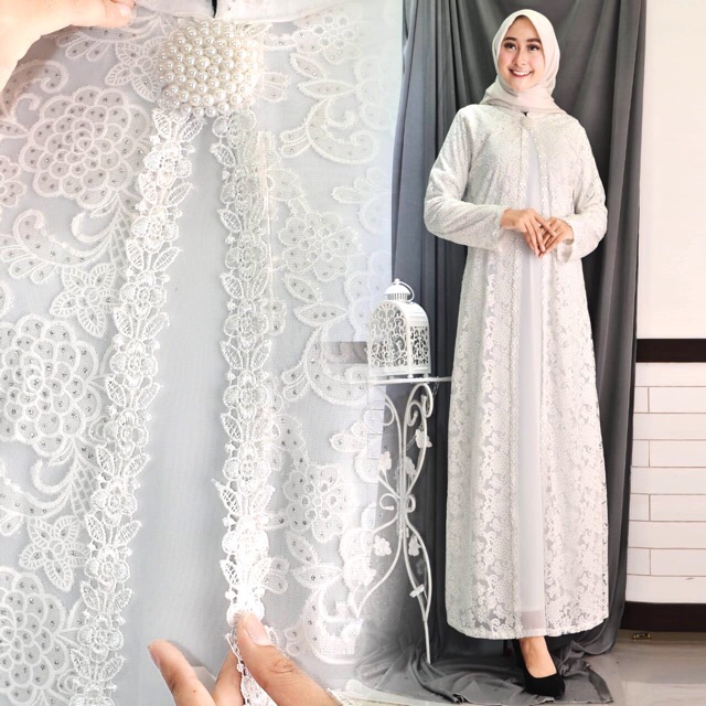 SALE FULL BRUKAT TEBAL Baju  Gamis  Putih  Lebaran Umroh 