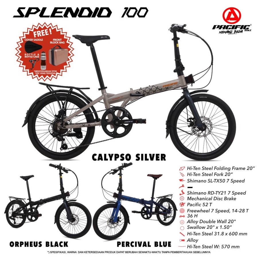 SEPEDA LIPAT PACIFIC SPLENDID 100 20” FRAME STEEL 7 SPEED SHIMANO SL-TX50 BICYCLE FOLDING BIKE