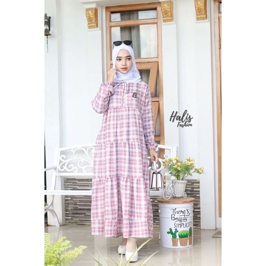 Dress Gamis ori Hatice motif kotak kotak, model kekinian new arrival (HARGA PROMO)
