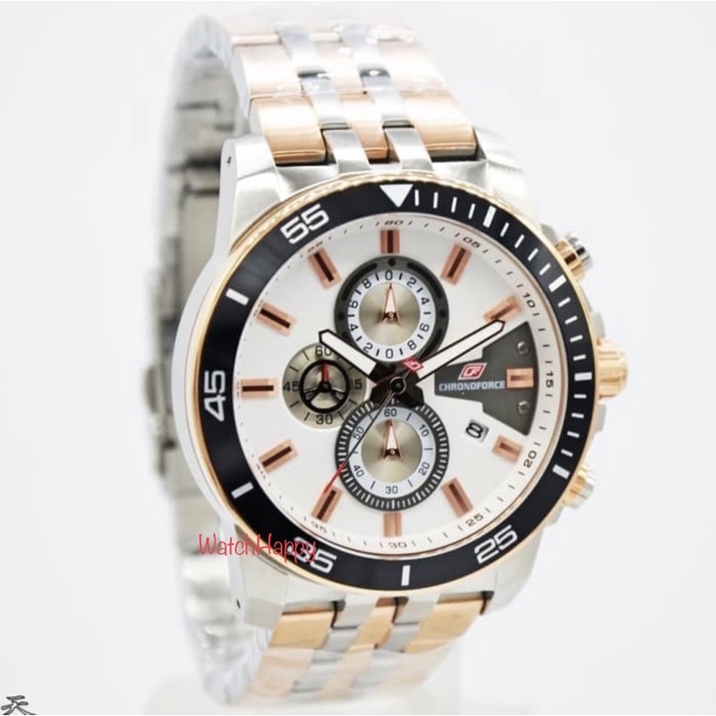 WatchHappy Chronoforce 5318 5318G CF 5318 Men Watch White Dial SilverRose Stainless Chrono Original