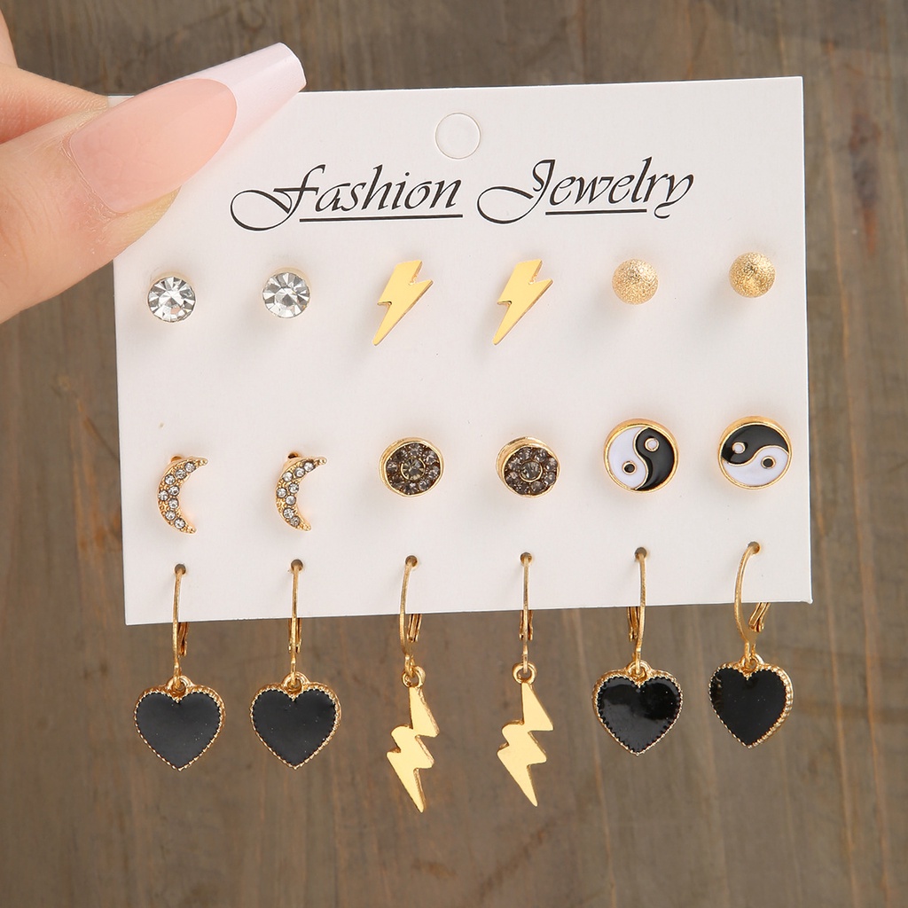 9 Pasang / Set Anting Tusuk Bentuk Bulat / Bulan / Hati Hitam / Kristal Untuk Perhiasan Wanita