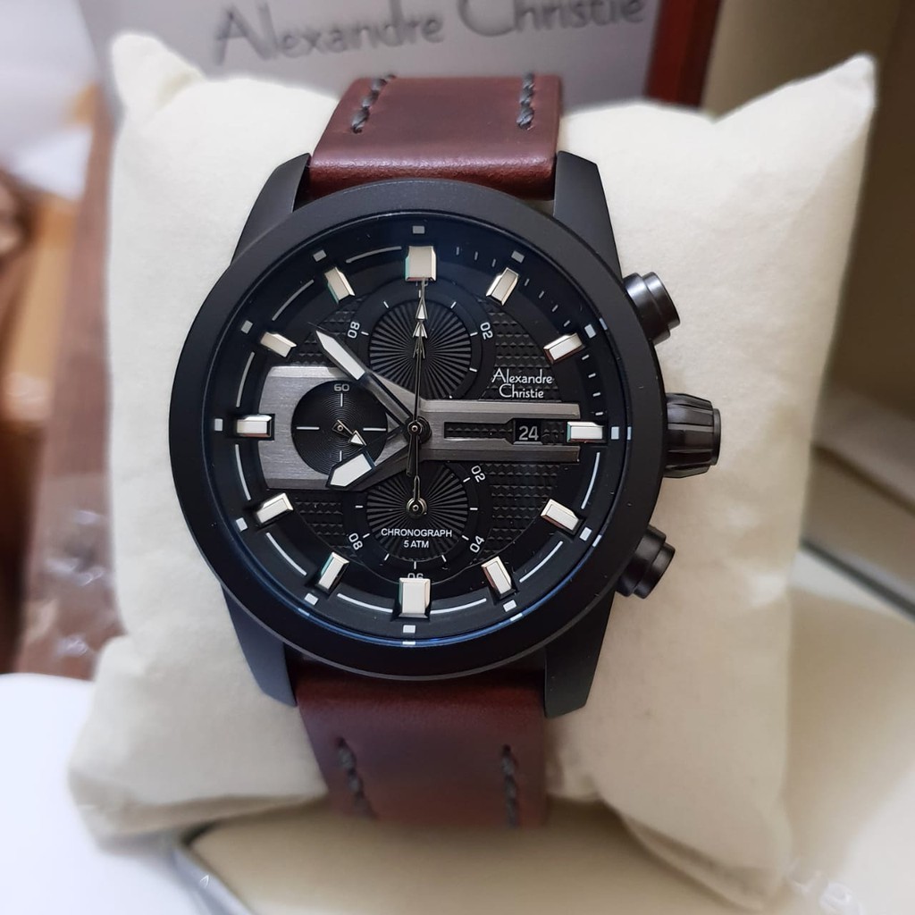 Alexandre Christie 100% Original AC6270 Jam Tangan Pria hitam tali coklat