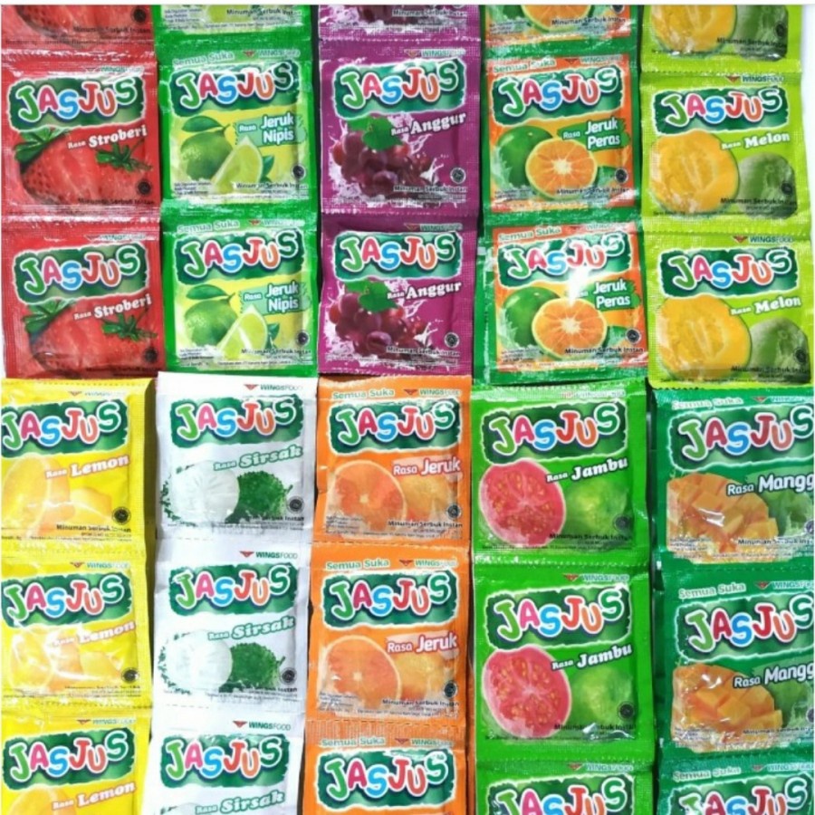 

Minuman bubuk instant jasjus sachet rasa stoberi, jeruk nipis, anggur, jeruk peras, melon, lemon, sirsak, jeruk, jambu dan manggo