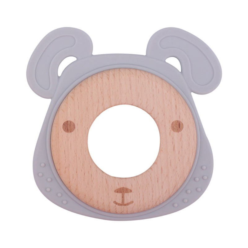 Mary Mainan Rattle Teether Silikon Bentuk Kartun Kepala Beruang Aksen Manik-Manik Kayu Untuk Bayi