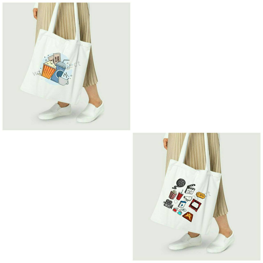 TOTE BAG KANVAS / TOTE BAG WANITA / TOTE BAG DINO , PIZZA , MOVIE