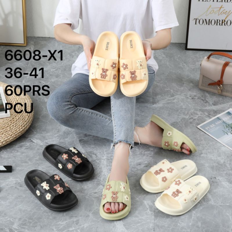 PVC Sandal Jelly Wanita Korean Import Motif Teddy Bear Sol Tebal Non-Slip Slipper Bahan Elastis Empuk Ringan 6608-X1 no