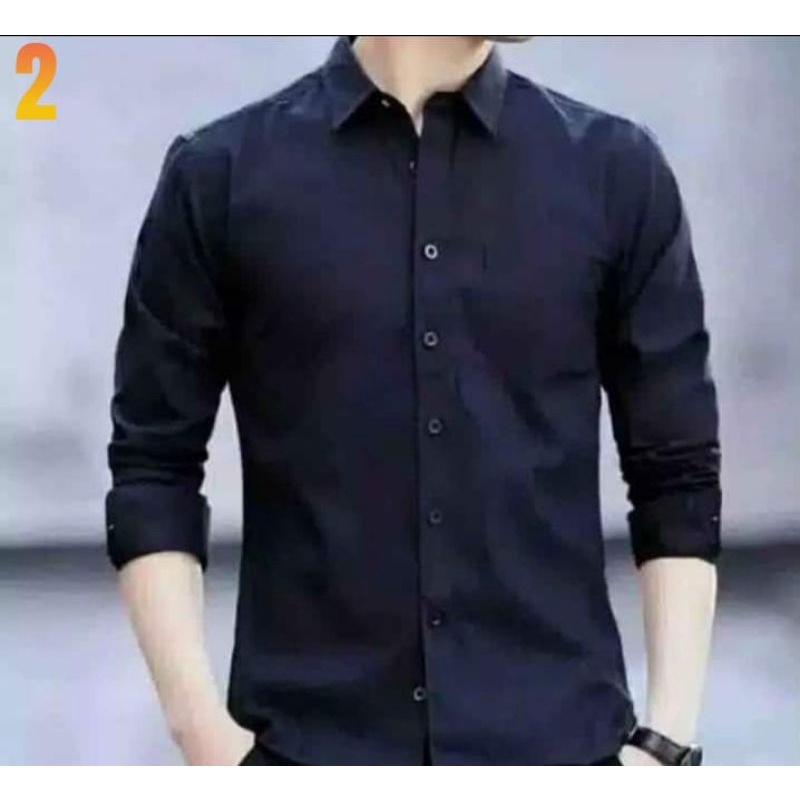 kemeja cowok polos lengan panjang slimfit hem pria kantor hitam navy putih maron army