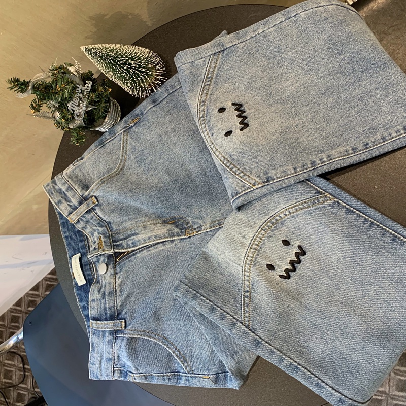 New Korean Diimpor Biru Celana Panjang Perempuan High-Waist Lurus-Kaki Bergaya Celana Jeans Wanita