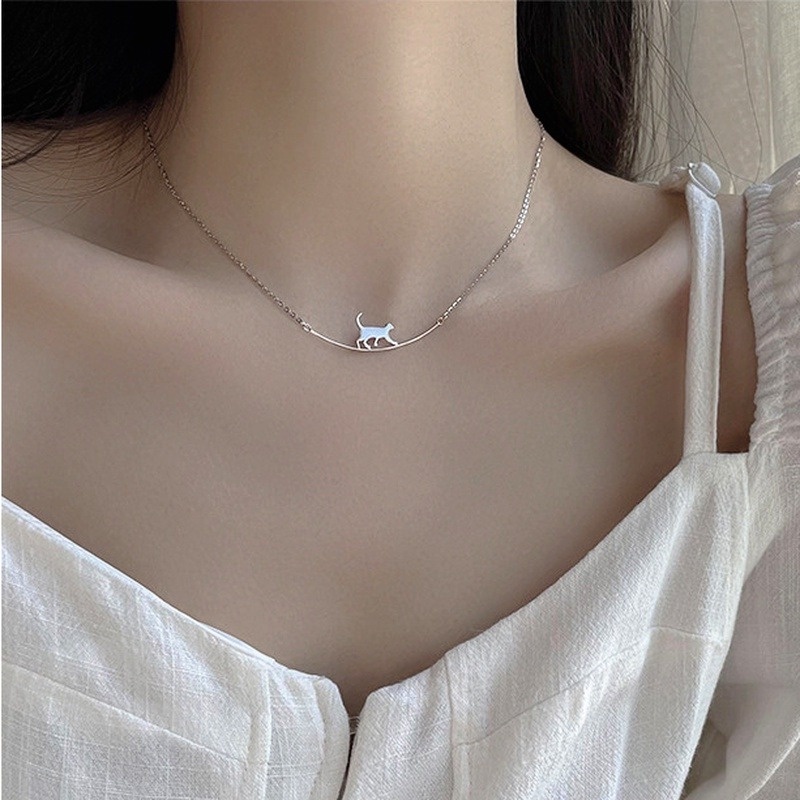 Kalung Choker Liontin Kucing Kecil Warna Silver Gaya Korea Untuk Wanita