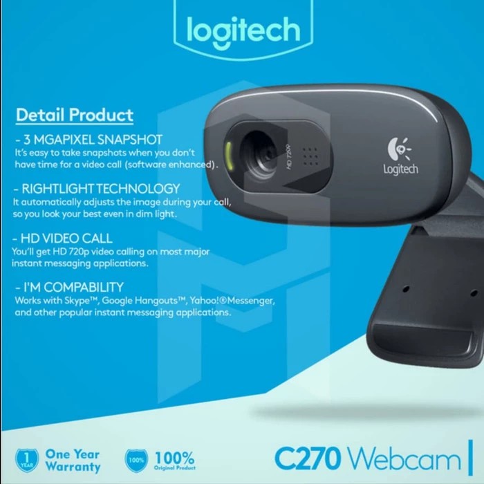 Logitech C270 HD Webcam - Kamera Web 720p dengan Mikrofon Bawaan dan Koreksi Cahaya Otomatis