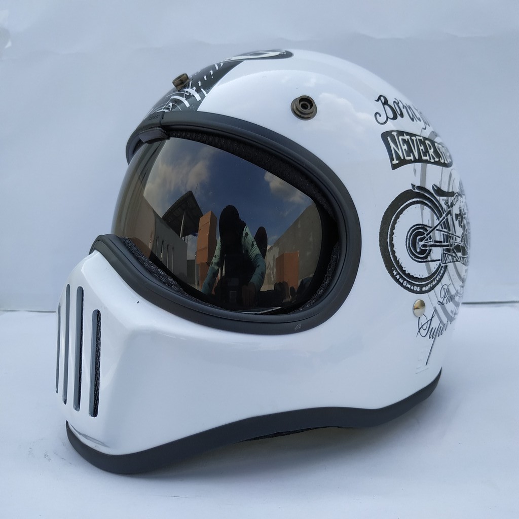 Helm Cakil HBC Born To Ride White + Inner Visor Chrome ( Fullface / Retro / Klasik / Vespa )