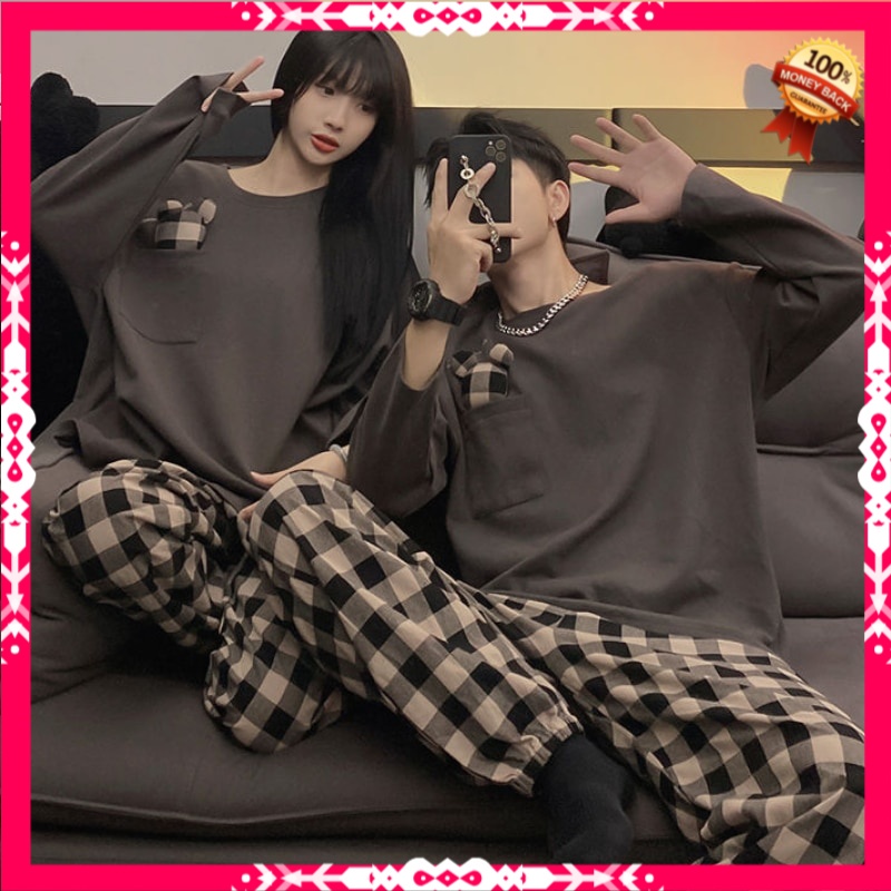 Piyama Wanita Import Premium Cotton Sleepwear Couple Plaid Pants Pajama Women Autumn Pyjama 2 Piece 