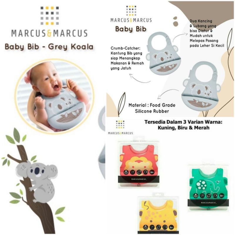 marcus &amp; marcus baby bib bis bayi mpasi tatakan makan Hijau Green Gajah Elephant Kuning  Jerapah