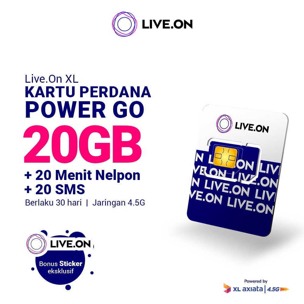 Kartu Perdana Live.On Power Go 20GB (30 hari) Jaringan 4.5G Gratis 20 Menit Nelpon + 20 SMS + Sticker A