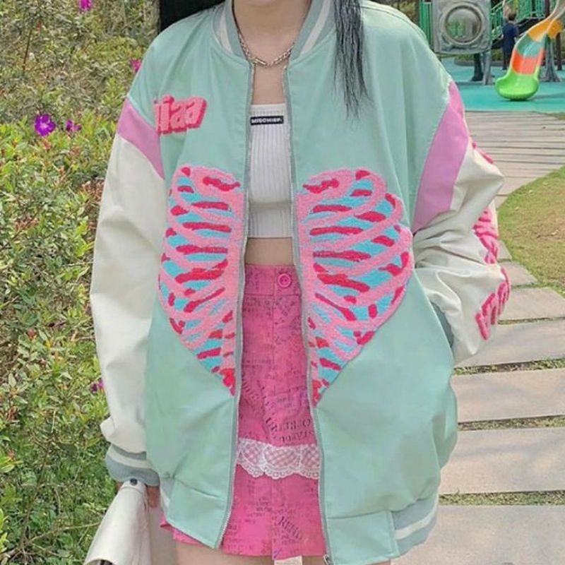 Heart varsity jacket | jaket wanita - jaket korea - oversized jacket - y2k pinterest jacket