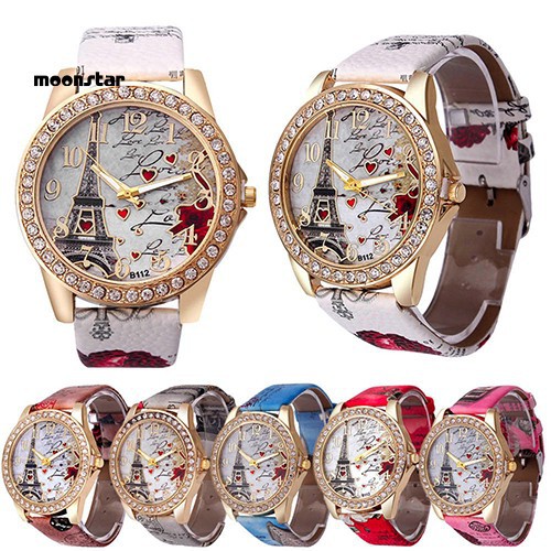 Jual MS Women Fashion Eiffel Tower Heart Print Rhinestone Round Dial Analog Quartz Watch