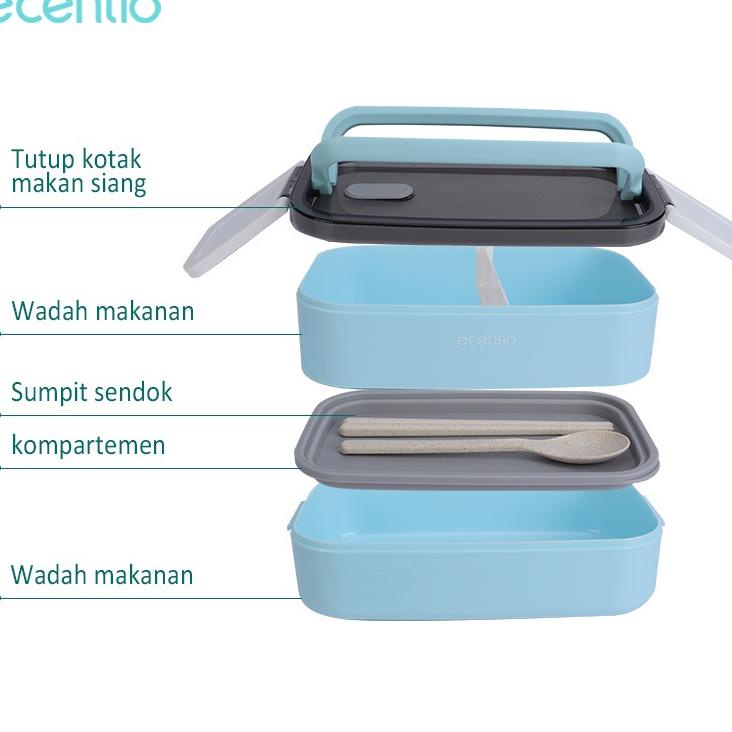 Super Peminat ecentio Lunch Box kotak Makan Biru 1600ml portabel Double-Layers Tahan bocor tempat ma