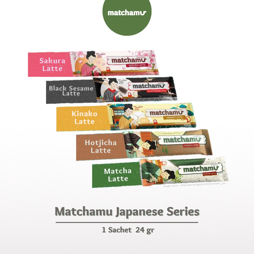 

Matchamu Japanese Series (SACHET 24 gr) Minuman Powder Premium Rasa Matcha Hotjicha Sakura Black Sesame Kinako Latte