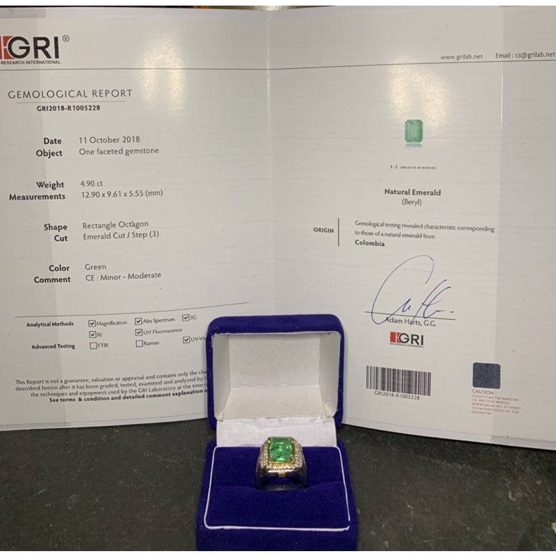 BATU PERMATA NATURAL EMERALD COLOMBIA 4,90 crt SERTIFKAT GRI