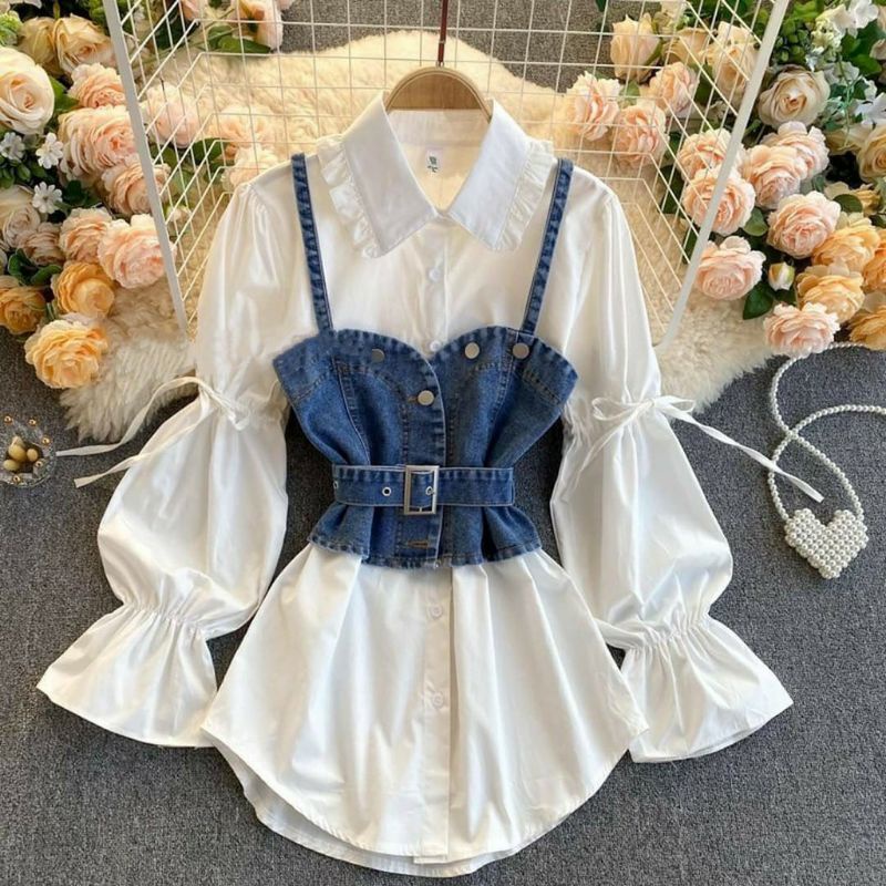 Boa Blouse 2in1 Atasan Baju Korean Style Free Rompi Jeans Fashion Terlaris