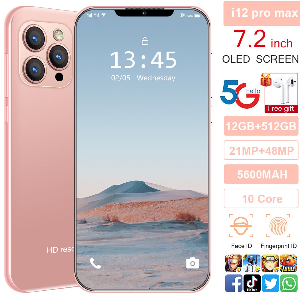 Baru Asli Smartphone i12 Pro Max Versi Global Handphone Android 7.2 Inci 5G/4G LTE Ponsel Original wajah unlock RAM 12GB + 512G ROM Moible phone Murah hp murah promo asli HD Kamera Handphone