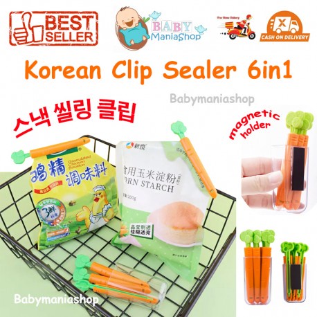 Klip Penyegel Bungkus Makanan 6in1 Bentuk Wortel Penjepit Cemilan Snack Korean Clip Sealer 5pcs Carrot 1 Holder Jepitan Magnet Kulkas Babymaniashop