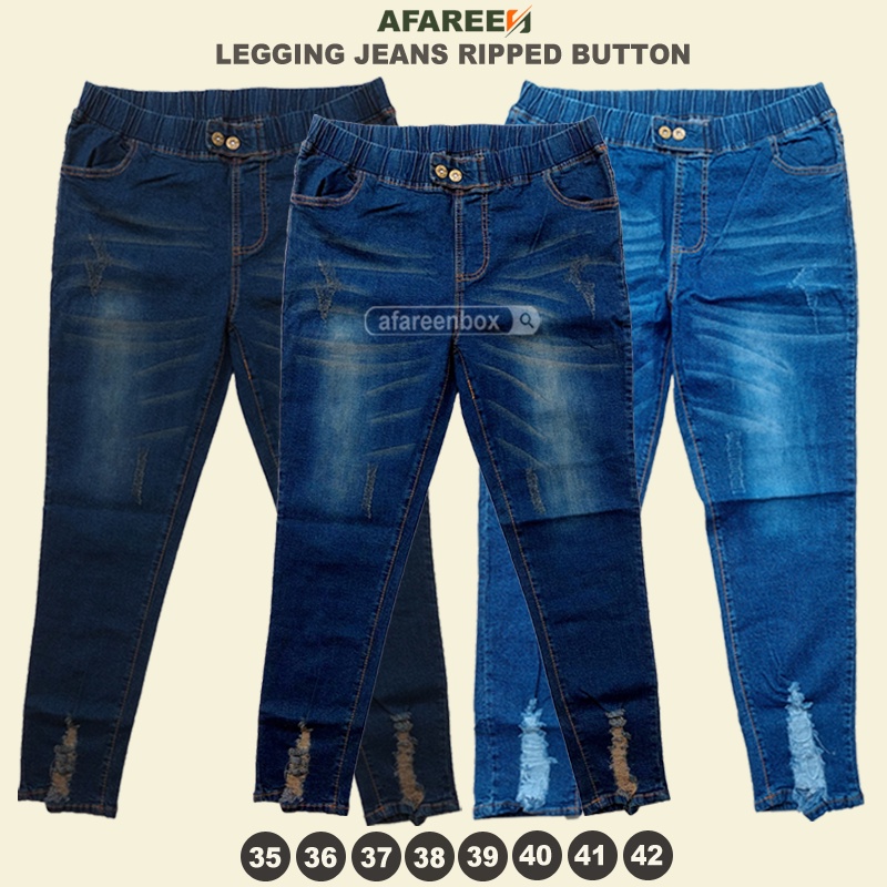 AFAREEN - Celana Jeans Wanita Ripped Whisker Legging Jeans Ripped Button Melar Pinggang Karet Jumbo 35-42