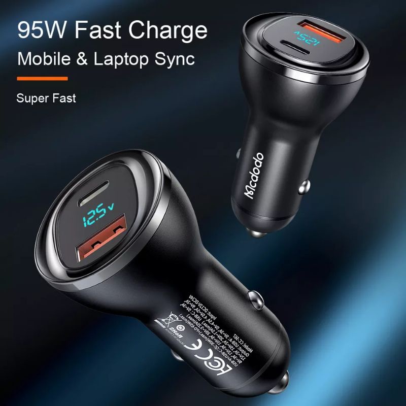 MCDODO Car Charger 95W Digital Display QC4.0 / QC 3.0 Fast Charging laptop &amp; mobile Phone