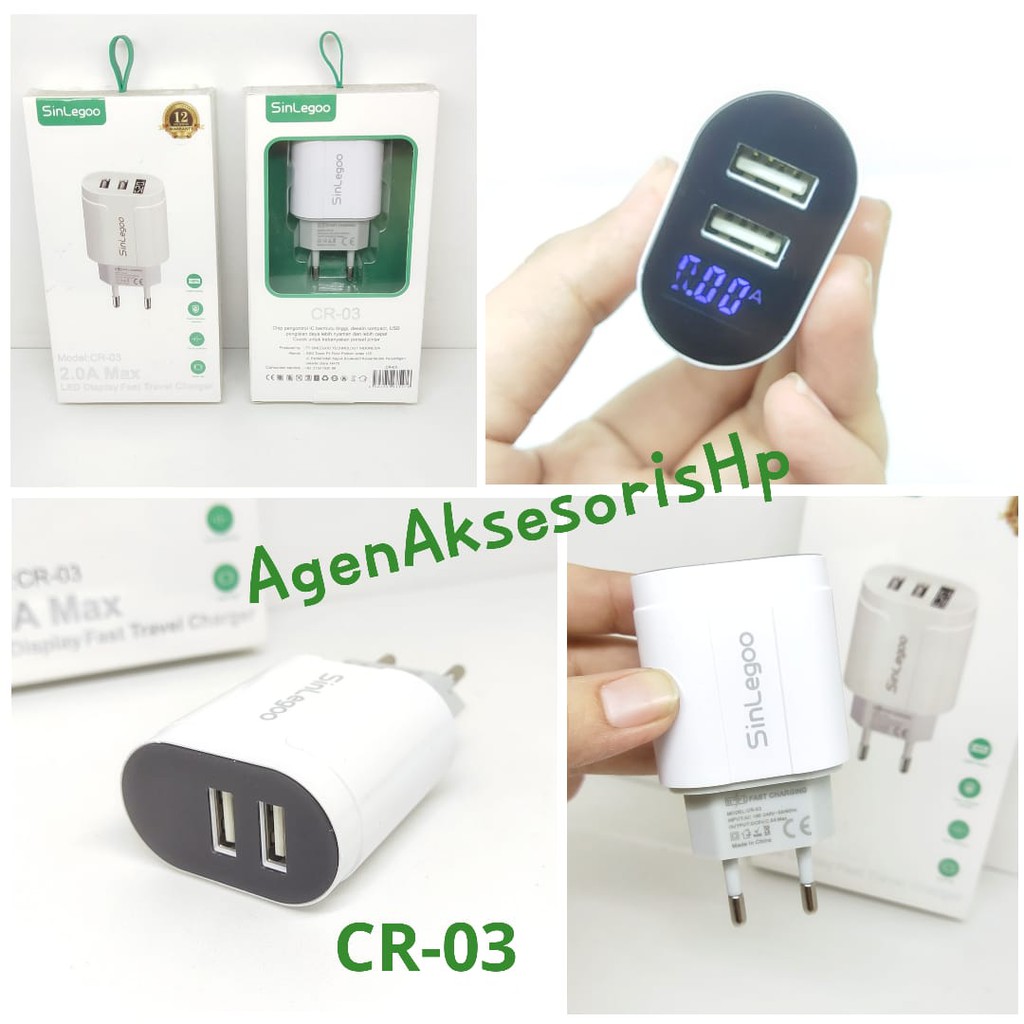 SINLEGOO CR-03 Head Charger 2 USB 2.0A with LED Digital Display Fast Travel Charger GARANSI 1 TAHUN