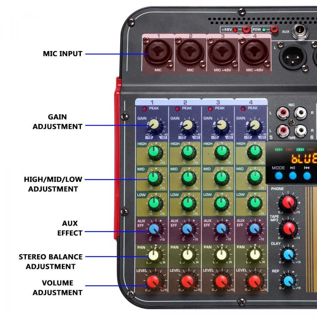 Audio Mixer Professional Live DJ Bluetooth 6 Channel Phantom Power