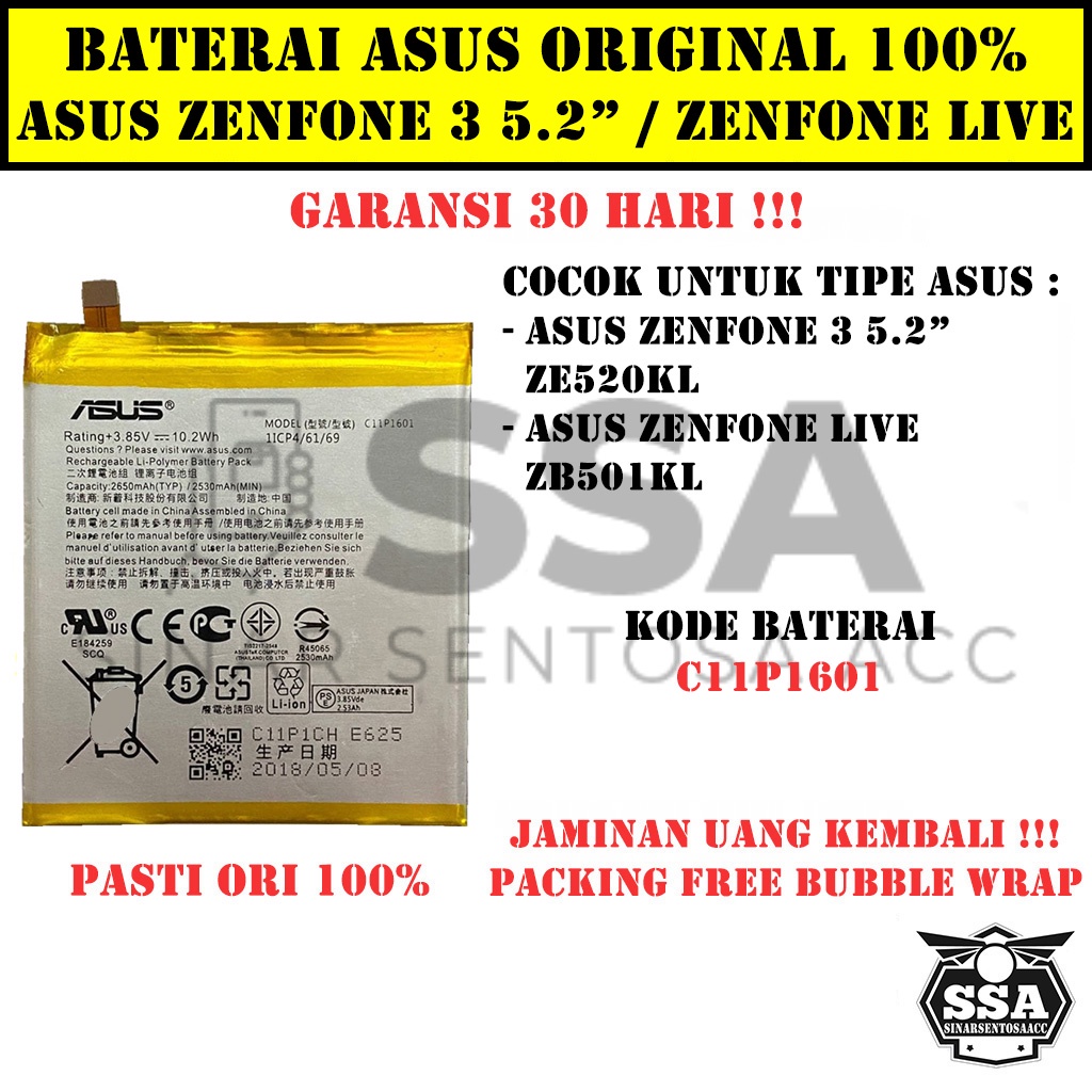 Baterai Original 100% Asus Zenfone 3 5,2&quot; Zenfone Live ZB501KL ZE520KL C11P1601 5.2 INCH HP Batre Batrai Battery Ori Garansi Awet