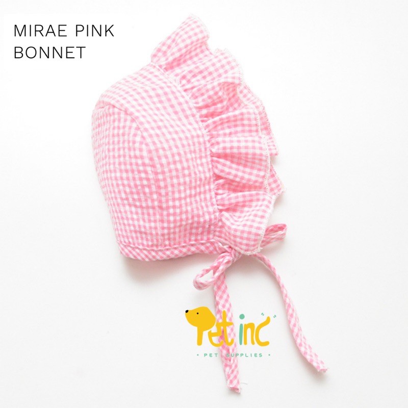 Pink bonnet for pet (topi saja kotak2)