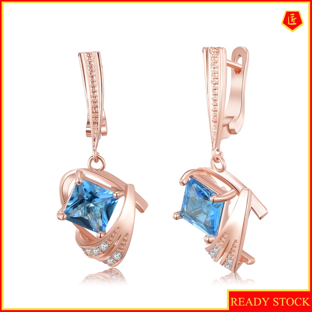 [Ready Stock]Women's Sea Blue Topaz Rose Gold Stud Earrings