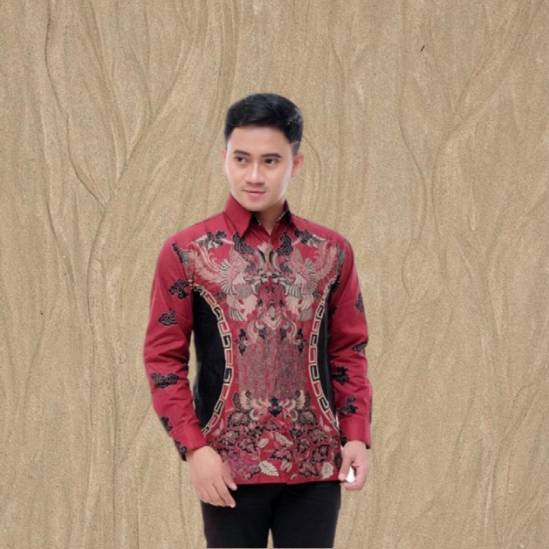 Baju Batik Pria Lengan Panjang Kemeja Batik Motif Kluwung Merah