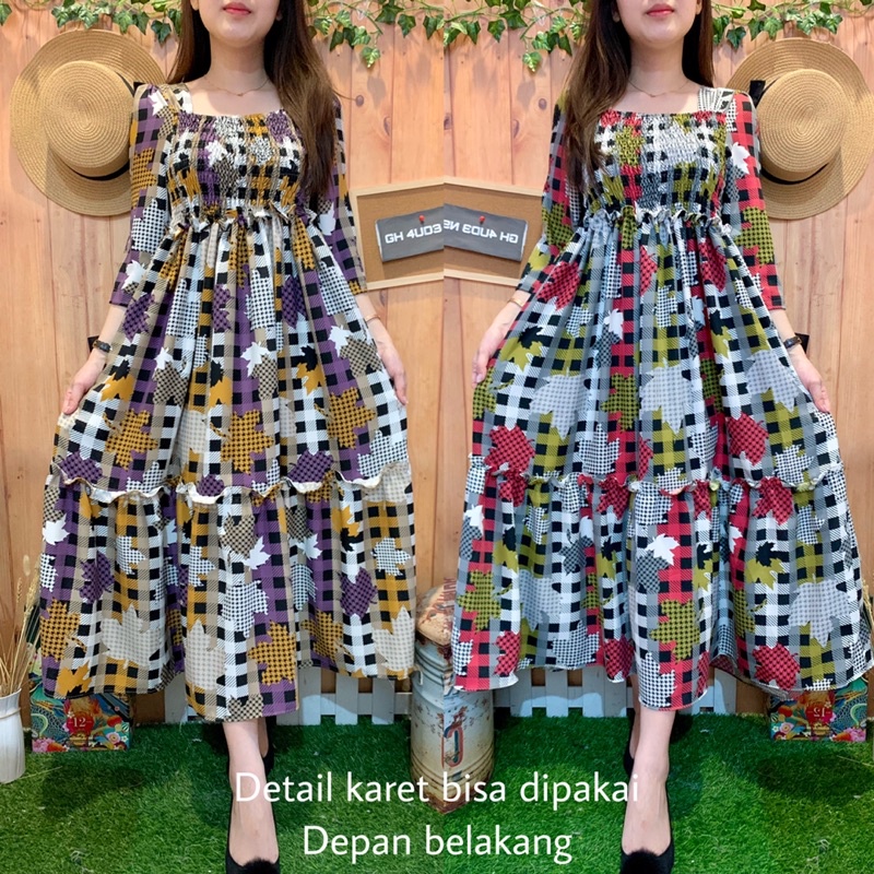 LONG DRESS HOUNDSTOOTH RUFFLE 3011-25