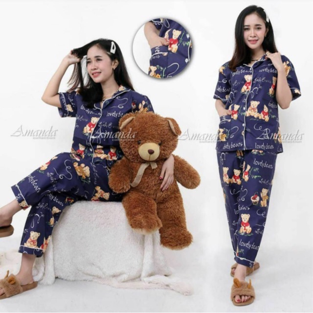 Setelan piyama wanita satin katun jepang baju tidur murah