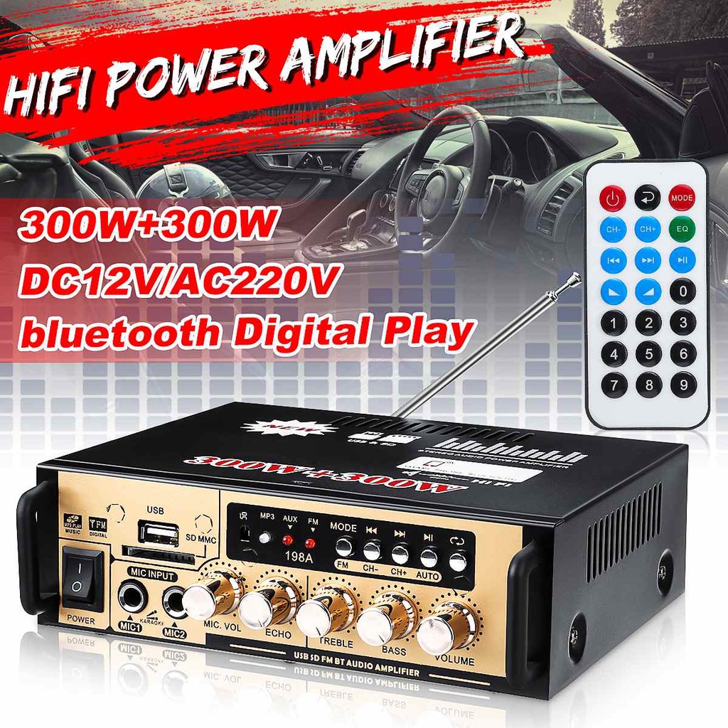 Amplifier bt-198A Bluetooth Stereo Karaoke + Mp3 player + FM Radio Power Amplifier AC DC