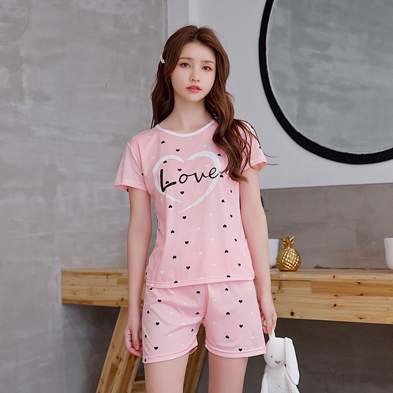 VS - SET PIYAMA BAJU TIDUR WANITA LOVE PINK  CELANA PENDEK LENGAN PENDEK PIYAMA IMPORT JAKARTA PY 15